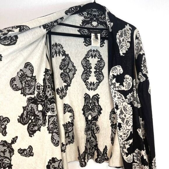 BCBGMAXAZRIA Silk Cardigan Sweater Black White Lace Jacquard Woven Size M/L EUC - Picture 10 of 13